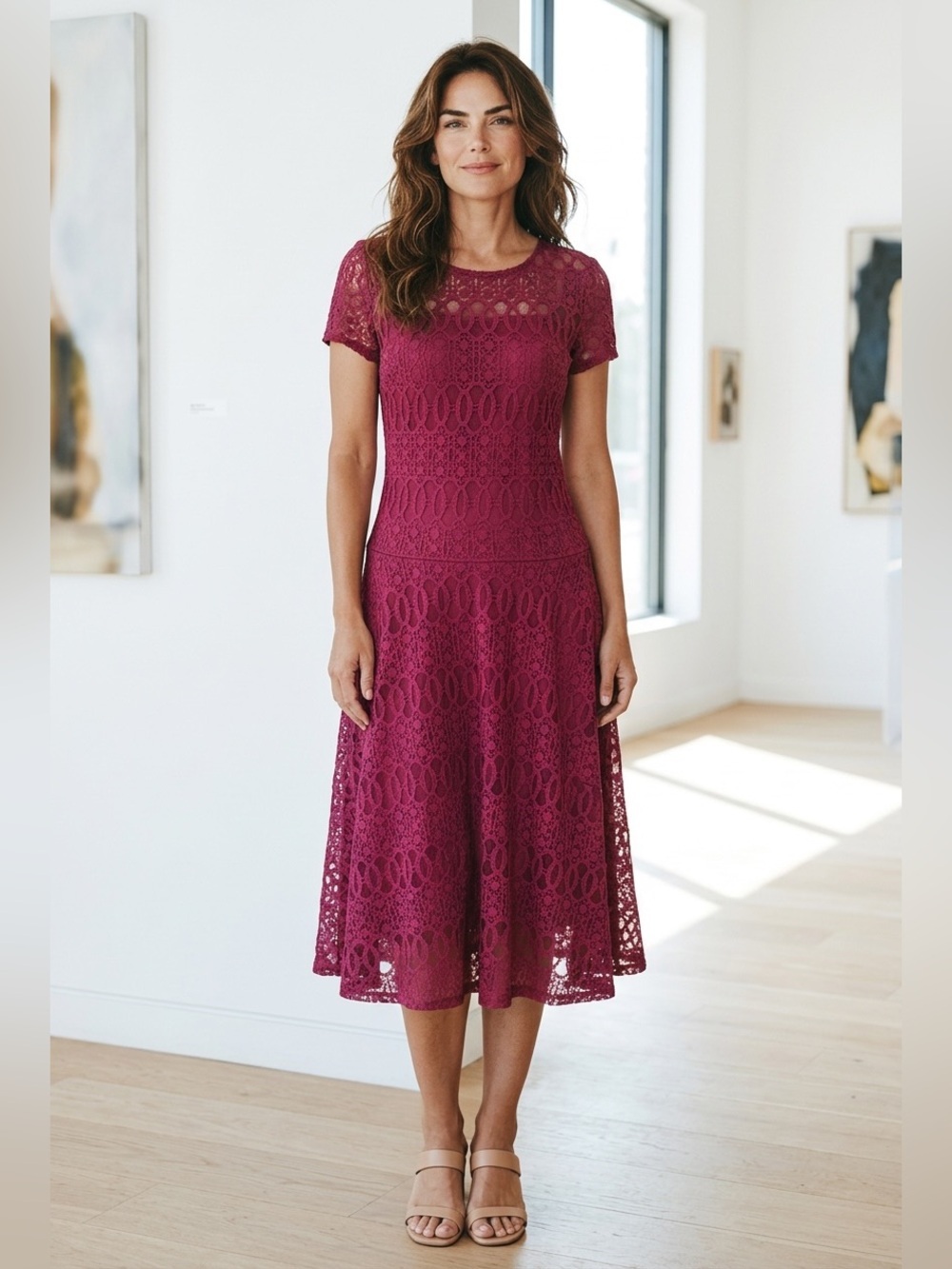 Perceptions New York Burgundy Lace Fit & Flare Dress Small